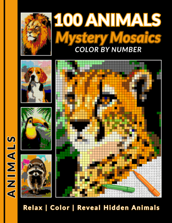 100 animals mystery mosaics color by number