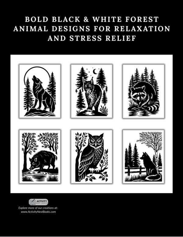 monochrome forest animals coloring book for adults